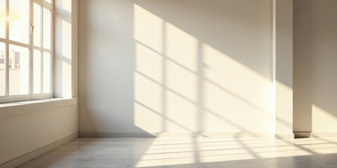 Fototapeta premium Sunlit Empty Room Interior Featuring a Window's Shadowy Projections on Walls and Floor