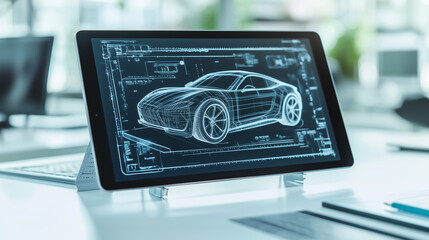 Photo of an industrial designer sketching a detailed car model on a digital tablet, showcasing the design process of a futuristic vehicle concept with precise lines and 3D visual elements.