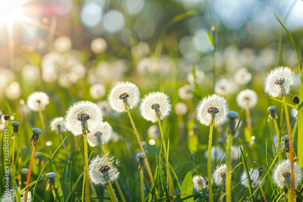 Aufkleber dandelion seedheads glowing in a meadow of grass are bathed in the warm glow of the setting sun