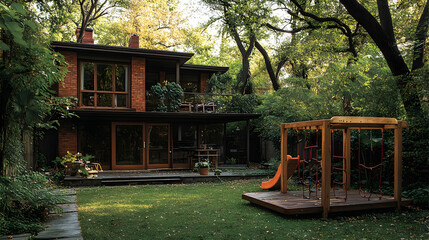 Suburban house backyard autumn trees playground