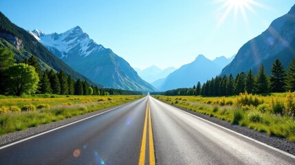 Asphalt ribbon unwinding through a vibrant valley, flanked by majestic snow-capped mountains under a radiant sun, promising adventure and scenic beauty.