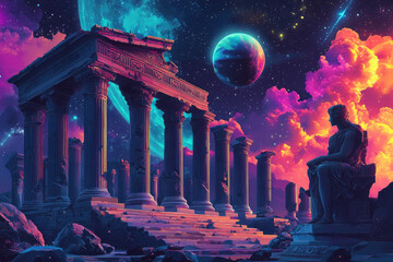 Vibrant Psychedelic Fusion Whimsical Greek Statues Ancient Architecture and Surreal Cosmic Elements in a Trippy Cartoon Vector Design