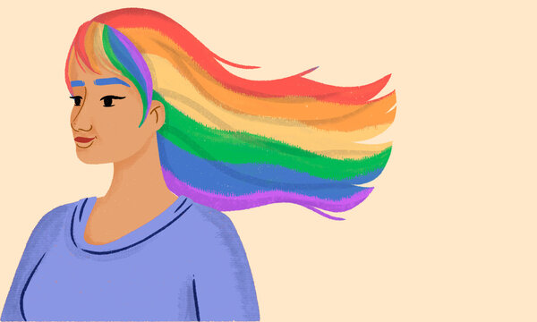 Colorful Rainbow Hair Illustration of a Woman in Pride