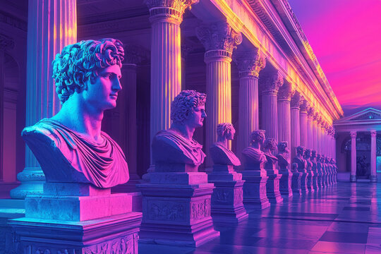 Vibrant Psychedelic Mosaic Colorful Greek Statues Surreal Elements and Whimsical Architecture Create a Dreamy Cartoon Vector Background
