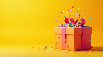 A Vibrant Orange Gift Box Overflowing with Joyful Confetti and a Delicate Pink Ribbon, Celebrating a Festive Occasion