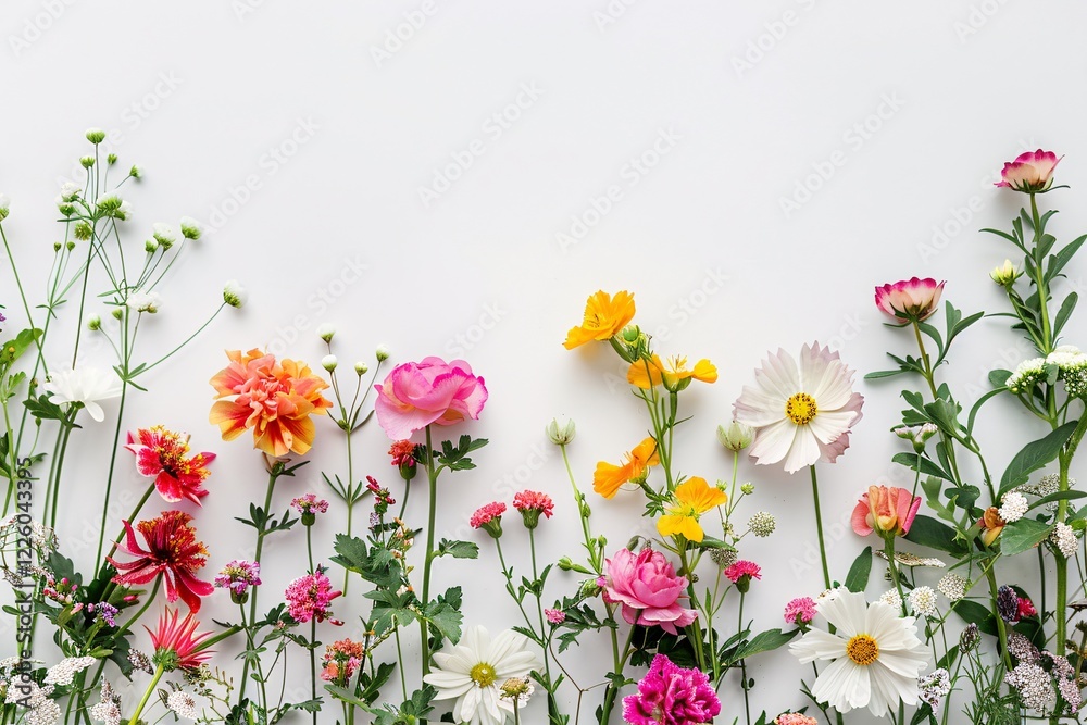 Poster flowers forming a colorful border on a white background with copy space