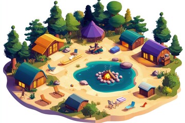 Serene Lakeside Cabin Getaway: Picturesque Summer Campsite with Cozy Cabins, Campfire, and Tranquil Lake Reflections.