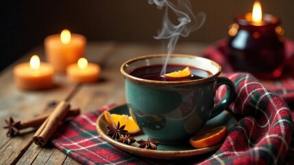Fototapeta premium Aromatic winter beverage in rustic ceramic cup, steaming, garnished with citrus, nestled amongst warm candlelight and plaid fabric, creating a cozy ambiance.
