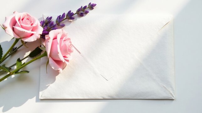 Delicate pink roses and lavender sprigs rest on a blank, white envelope, ready for a heartfelt message