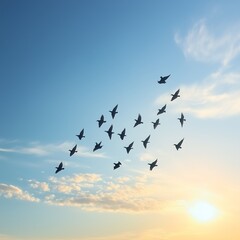Fototapeta premium Flock of birds in flight against a beautiful sunset sky, creating a stunning natural scene.