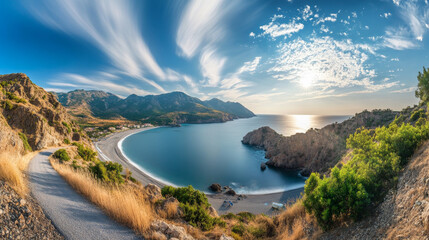 Naklejka premium Sunlit Path: A Coastal Road into the Mediterranean Mountains