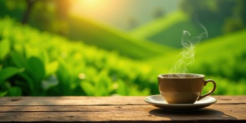 Aromatic Steam Rising from a Warm Beverage in a Rustic Setting Against a Lush Green Landscape