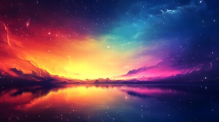 Vibrant Sunset over Calm Ocean with Starry Sky
