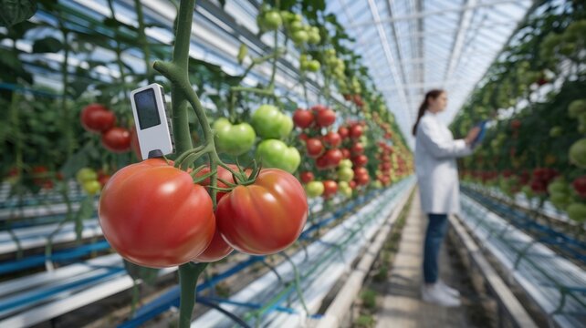 Fresh red tomatoes growing in a greenhouse with a researcher nearby