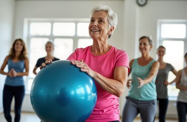 Senior woman smiles happily exercising with fitness ball in gym. Diverse group of people engaging in osteoporosis prevention activities. Indoor setting. Group workout session promotes health,