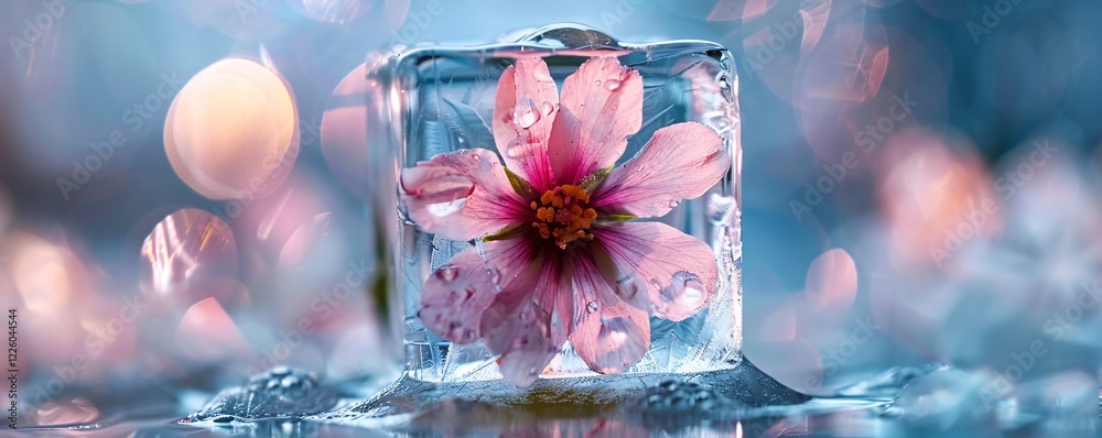 Poster pink flower encased in ice melting on reflective surface with bokeh background