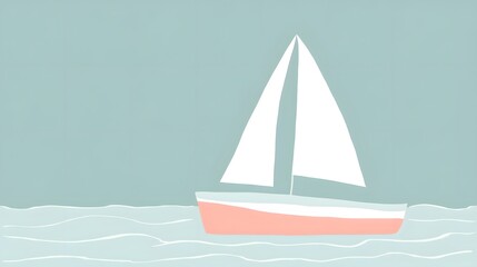 Pastel Pink Sailboat on Calm Sea Minimalist Illustration