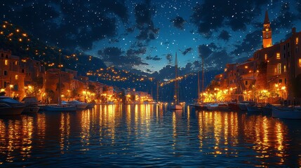 Obraz premium Charming Coastal Town at Night Under a Starry Sky