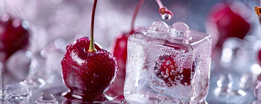 Poster macro of fresh cherries with water drops near ice cube with cherry inside on gray background