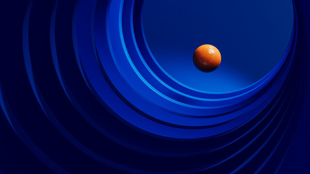 Orange sphere floats among blue shapes in abstract design