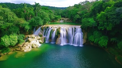 Naklejka premium Breathtaking cascading waterfalls flowing into a serene turquoise pool in the lush jungle