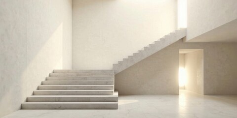 Fototapeta premium Serene Minimalist Interior Sunlight Illuminates a Modern Stone Staircase in a Spacious, Light-Filled Room