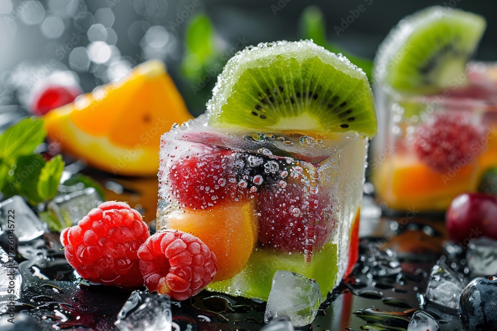 Poster frozen fruits enshrouded in ice cubes, providing a delectable and invigorating addition to summertim