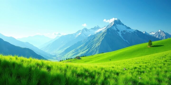 Serene alpine meadow, vibrant green grass, snow-capped mountain range under a clear blue sky, peaceful landscape scene, tranquil nature view