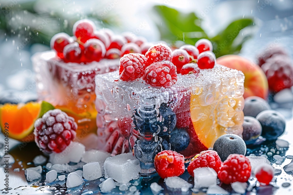 Poster fresh assorted fruits frozen in ice cubes, making a delicious and refreshing summer drink