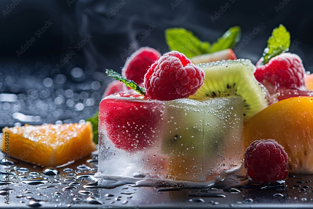 Poster ice cubes with frozen raspberries and kiwi fruit melting on a wet slate surface with steam