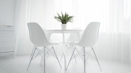 Minimalist white dining room table with chairs and plant