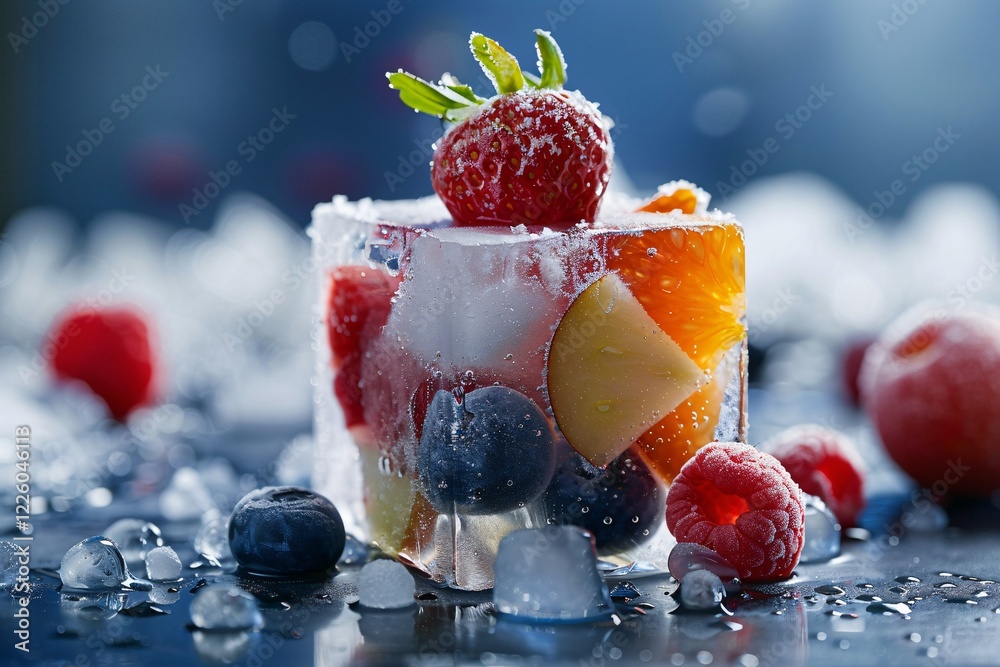 Poster Refreshing summer fruits encased in an ice cube on a chilled surface with dew droplets