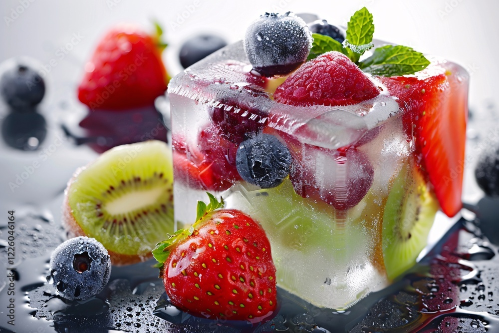 Poster fresh fruit frozen inside and surrounding a melting ice cube
