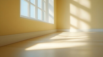 Obraz premium Sunny room corner, light streams, empty space, interior design, home staging
