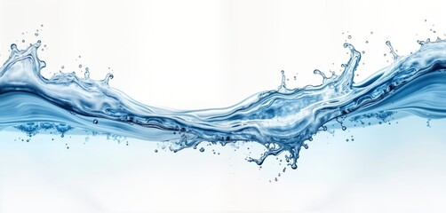 Clear blue water flows gracefully. Wave patterns show motion. Bubbles and splashes of water create abstract design on transparent background. Liquid ripples and drips. Fresh water concept.