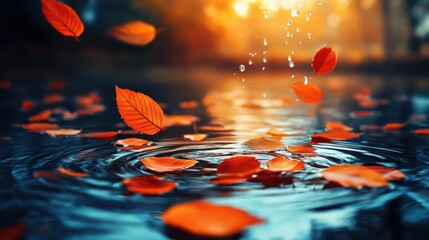 Autumn leaves falling on water surface, creating ripples and reflections
