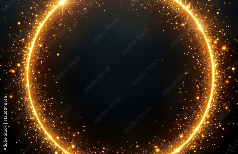 Poster circular design with gold glitter on dark background. sparkling gold lines form circle. suitable for