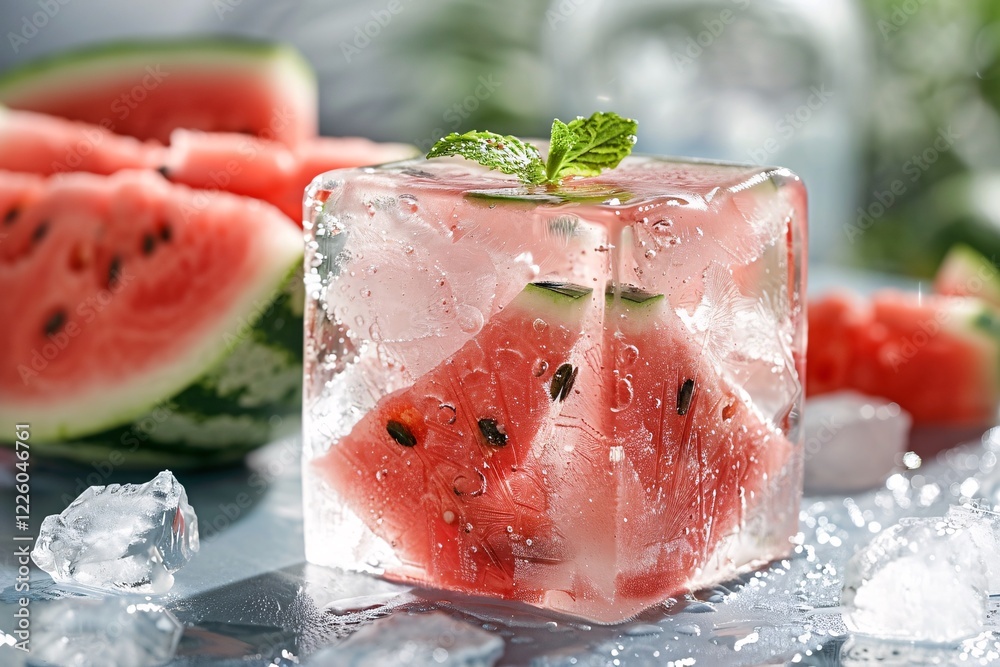 Poster watermelon slice ice cubes with a refreshing touch of mint are ready to enhance your summer beverage
