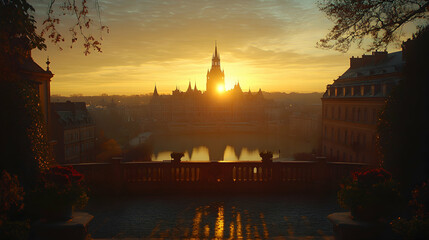 Obraz premium Sunrise over city castle, reflecting in calm water, autumnal trees; tourism