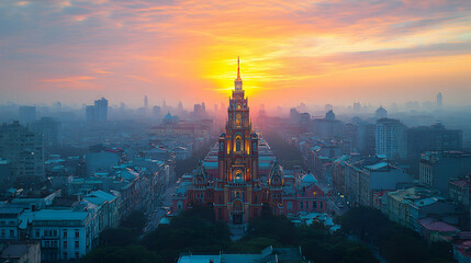Obraz premium Sunrise over city church, aerial view, misty morning, cityscape background, travel photography