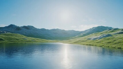 Fototapeta premium Scenic lake surrounded by grassy hills under a clear sky with sunlight reflection