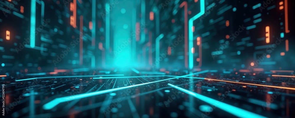 Poster Abstract futuristic tech background. Glowing lines, shapes create dynamic pattern. Cyberpunk style. Modern digital design. Communication network. Colorful lights. High tech concept. Retro future.