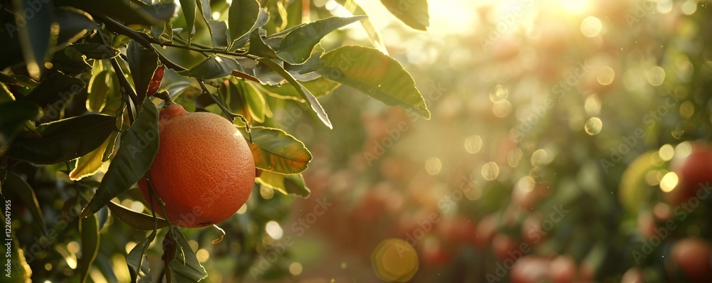 Poster Grapefruit hangs from a branch in an orchard during the sunset