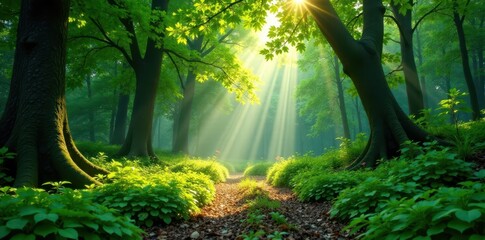 Lush green canopy, sunlight dappling forest floor, aerial, sunlight