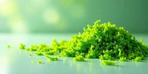 Vibrant lime green miniature flora scattered on a tranquil surface, illuminated by soft, diffused light, creating a serene and visually appealing scene.
