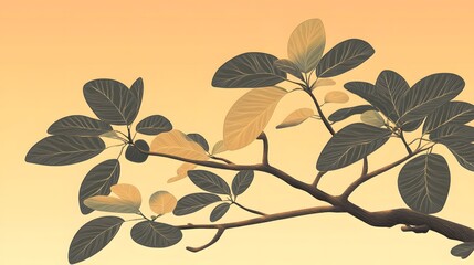 Elegant Branch with Detailed Leaves Against Warm Sunset
