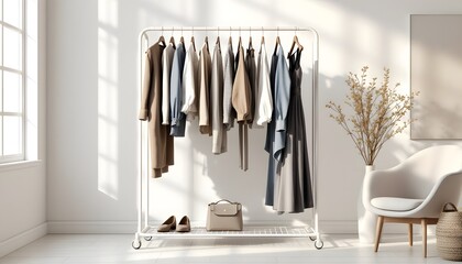 Ultra-realistic 8K shot of a contemporary white metal clothing rack in a spacious, well-lit room. The rack features neatly hung garments, a few decorative accessories like a designer handbag