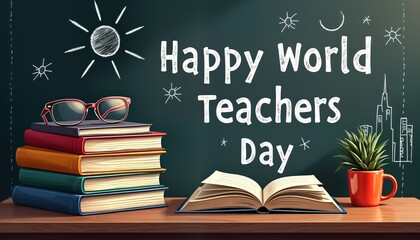 Illustration for World Teacher Day. Happy World Teacher Day message on chalkboard. Books, glasses on wooden table. Plant in cup also on table. Image conveys appreciation for teachers, education.