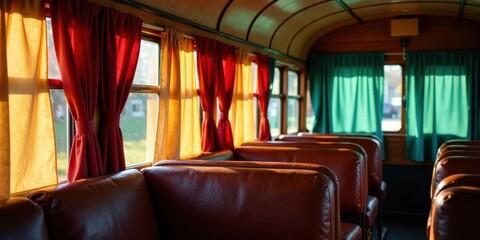 Fototapeta premium Vintage Railway Carriage Interior with Warm Sunlight Streaming Through Colorful Curtains and Leather Seating