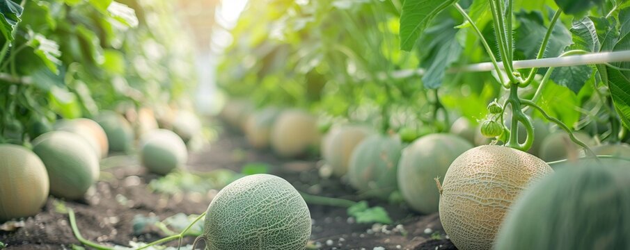 Cantaloupe melons ripening in rows on a farm field